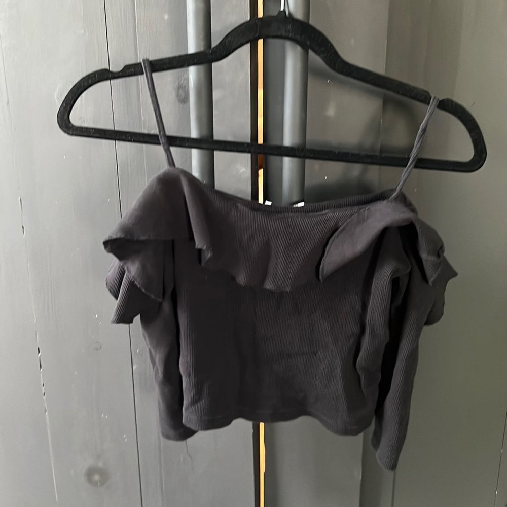 (2/$20) ZARA Black off the shoulder ruffled crop top - small